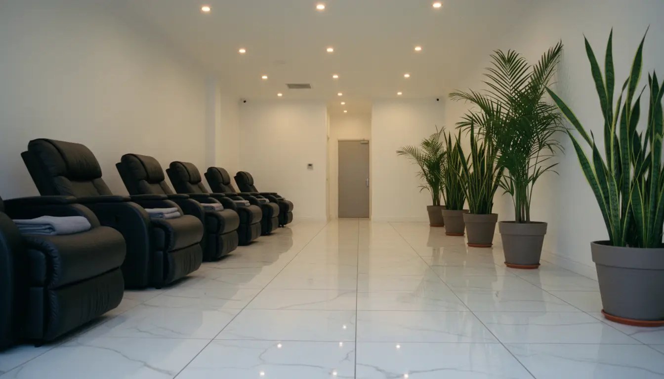 The full length of the treatment room, chairs on one side and plants on the other