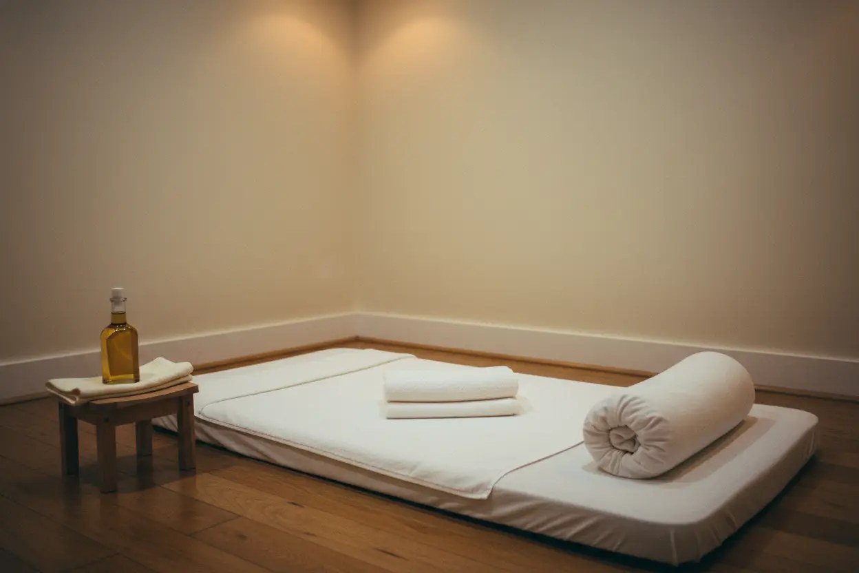 A treatment mat made up with fresh towels and a bolster, oil and flannels set out on the stool beside it