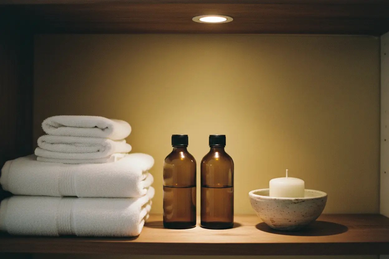 Folded towels, oil bottles and a candle on the shelf