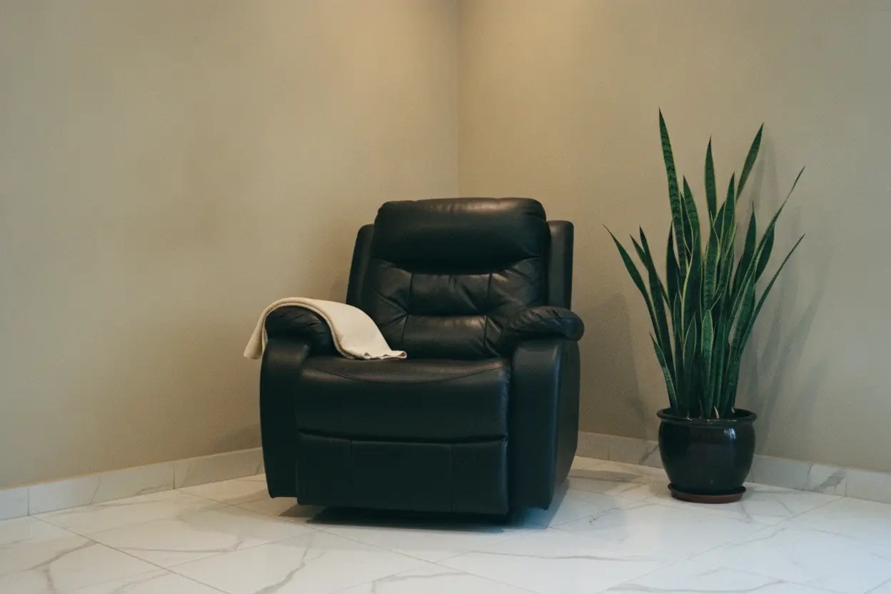 A reclining chair and a potted plant in the corner of the treatment room